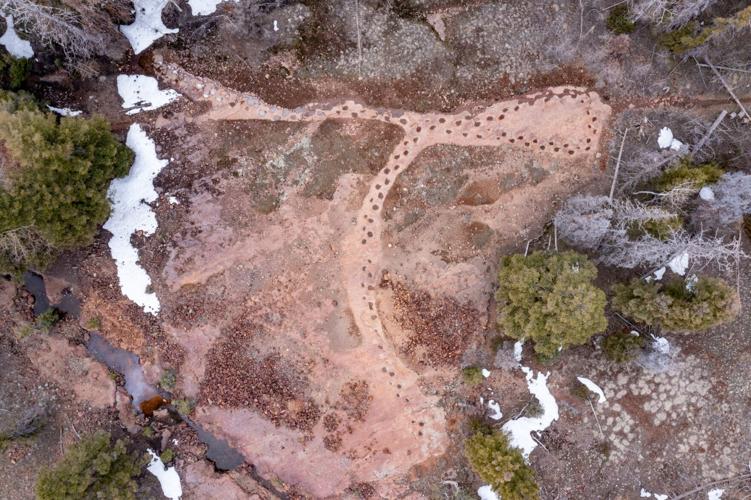 An aerial view looking down on the 'pothole-like features' that were discovered to be footprints left by a dinosaur. Photo: US Forest Service.