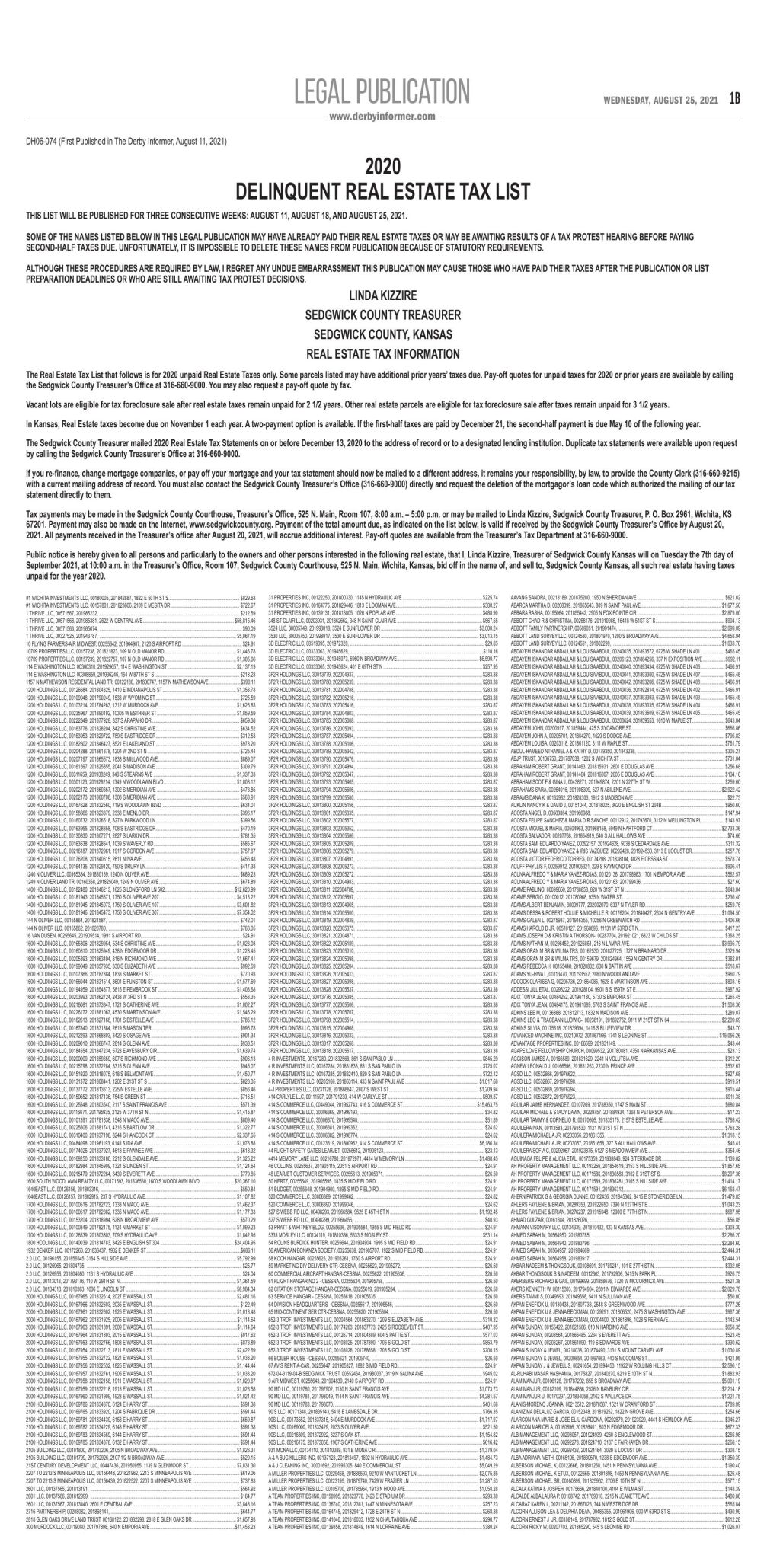 082521 Sedgwick County 2020 Delinquent Real Estate Tax List