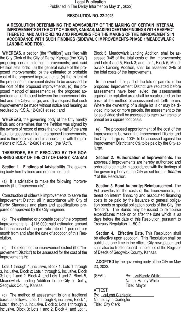 05-31-23: Resolution 22-2023 | City of Derby Public Notices ...