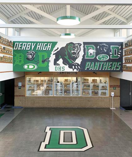 Trophy case in the hallway by the school gymnasium in Paint Creek