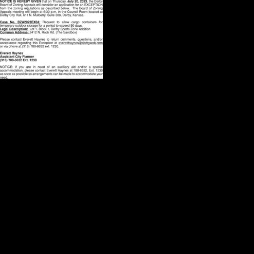06-28-23: Notice of Public Hearing - Exception | City of Derby Public ...