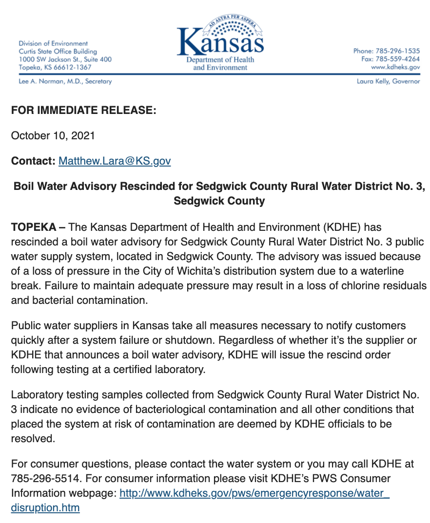 KDHE Lifts Boil Water Advisory For Derby Sedgwick County Rural Water 