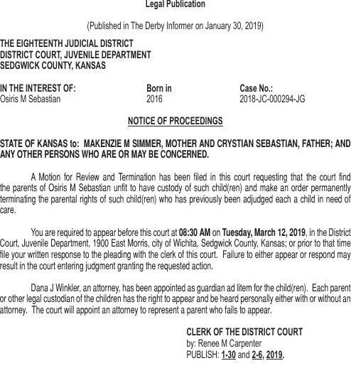 01 30 19 Notice Of Proceedings Sebastian 2018 Jc 000294 Jg Sedgwick County Public Notices Derbyinformer Com Kõik 1006 lennufirmade pakkumised ühes kohas. derby informer