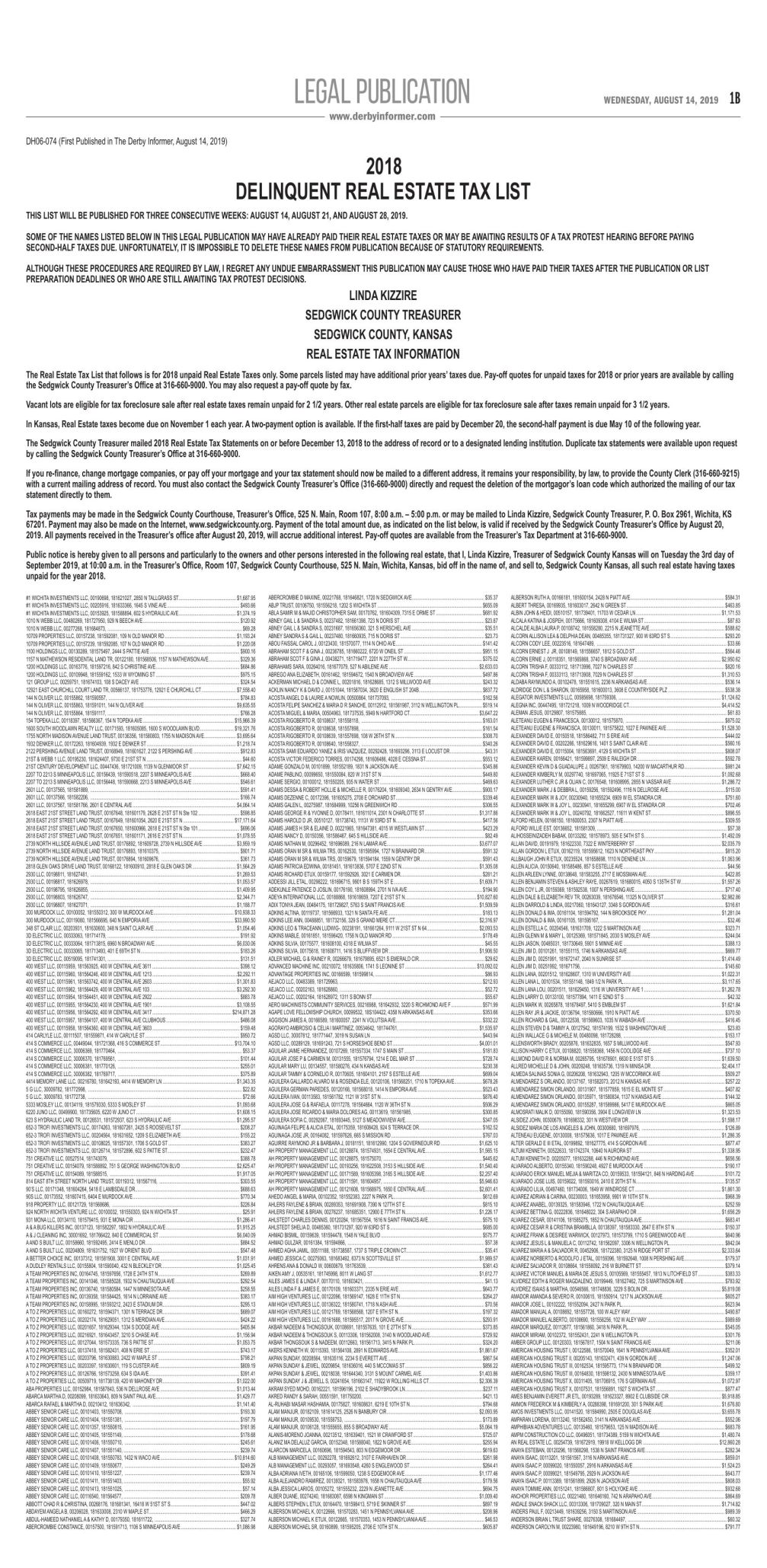 081419 Sedgwick County 2018 Delinquent Real Estate Tax List