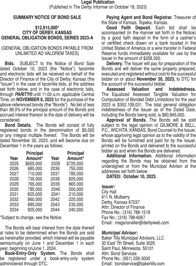 10-18-23: Summary Notice of Bond Sale | City of Derby Public Notices ...