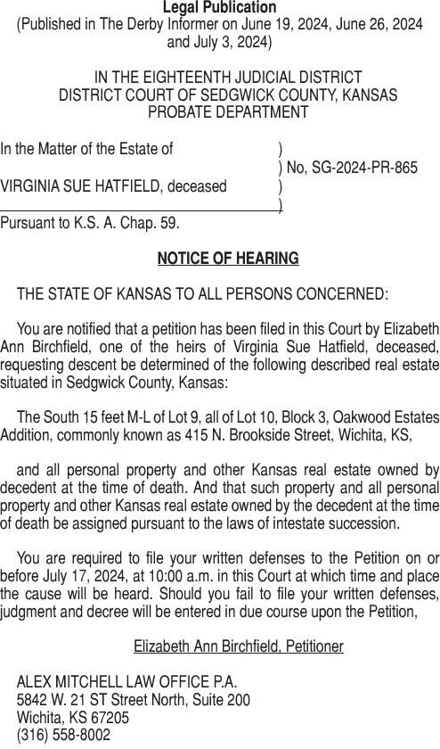 07-03-24: Notice of Hearing - Hatfield Estate | Public Notices/Legals ...