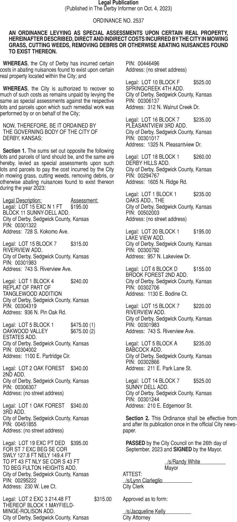 100423 Ordinance No. 2537 City of Derby Public Notices