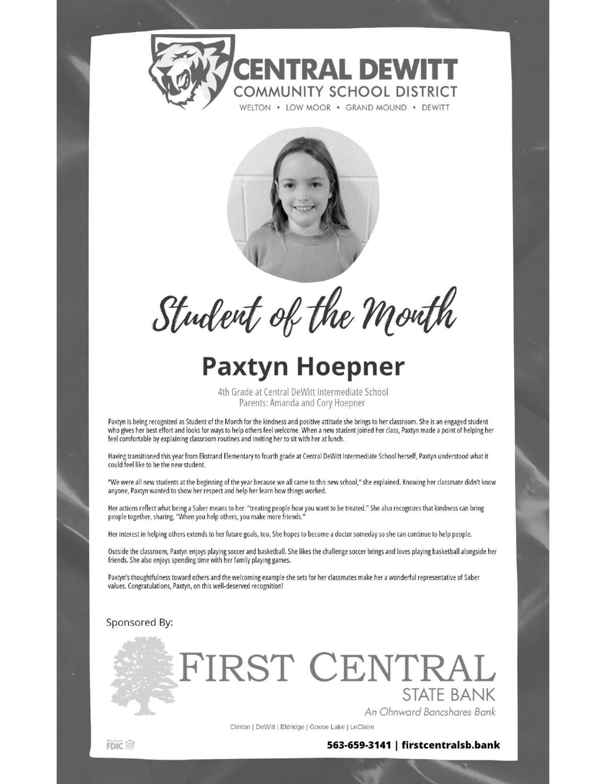 First Central State Bank Student of the Month | Announcements ...