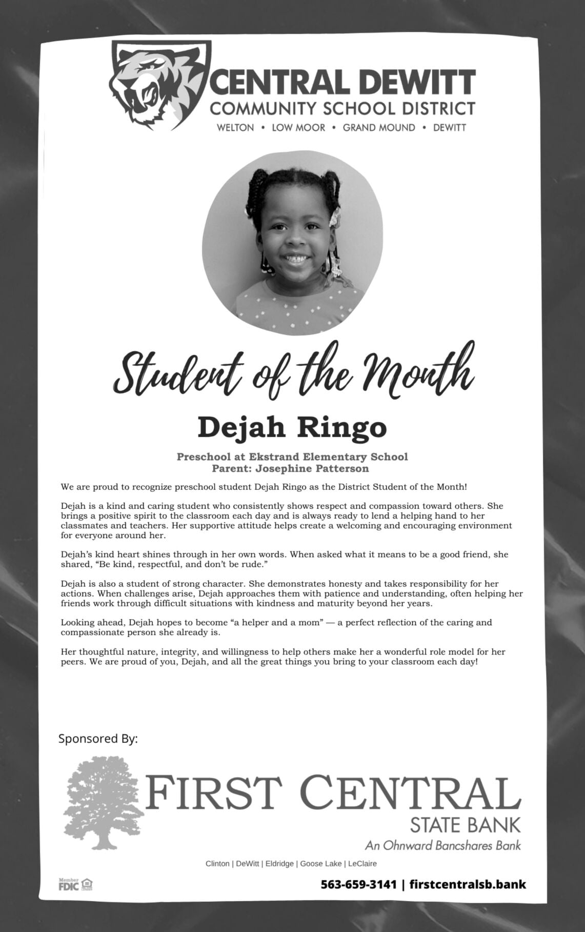First Central State Bank Student of the Month | Announcements ...