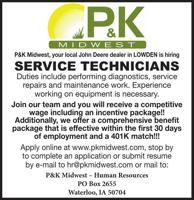 P&K Midwest, your local John Deere dealer in LOWDEN is hiring