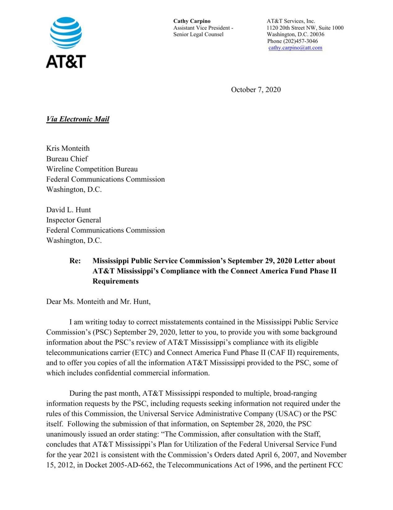 AT&T response to PSC letter