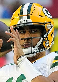 Green Bay Packers quarterback Jordan Love (10) warms up prior to an NFL  football game against the Arizona Cardinals, Thursday, Oct. 28, 2021, in  Glendale, Ariz. With reigning MVP Aaron Rodgers on