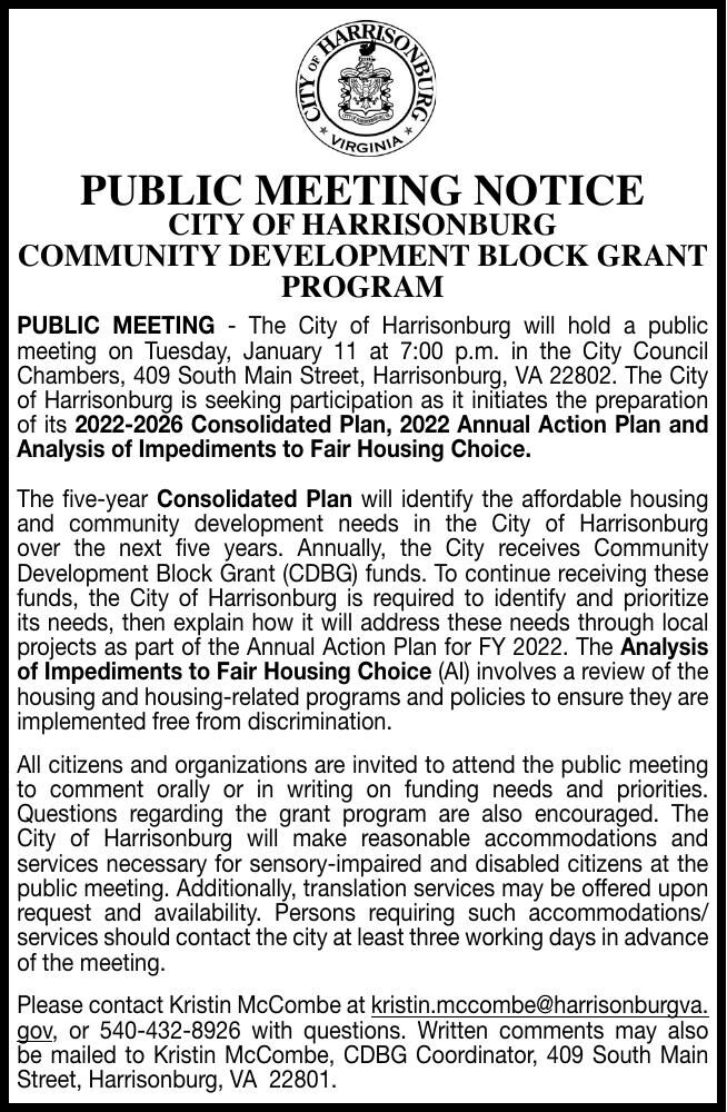 PUBLIC MEETING NOTICE City of Harrisonburg Public