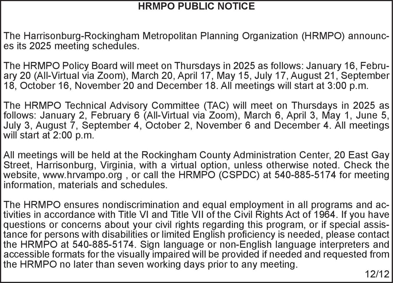 HRMPO Public Notice 2025 Meeting Dates Notices