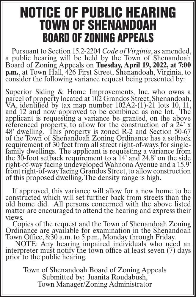 (Page News & Courier) NOTICE OF PUBLIC HEARING
