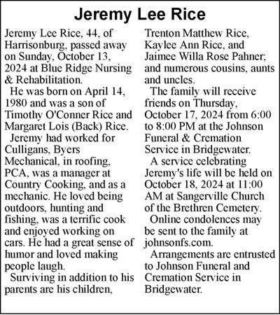 Jeremy Lee Rice | Obituaries | dnronline.com