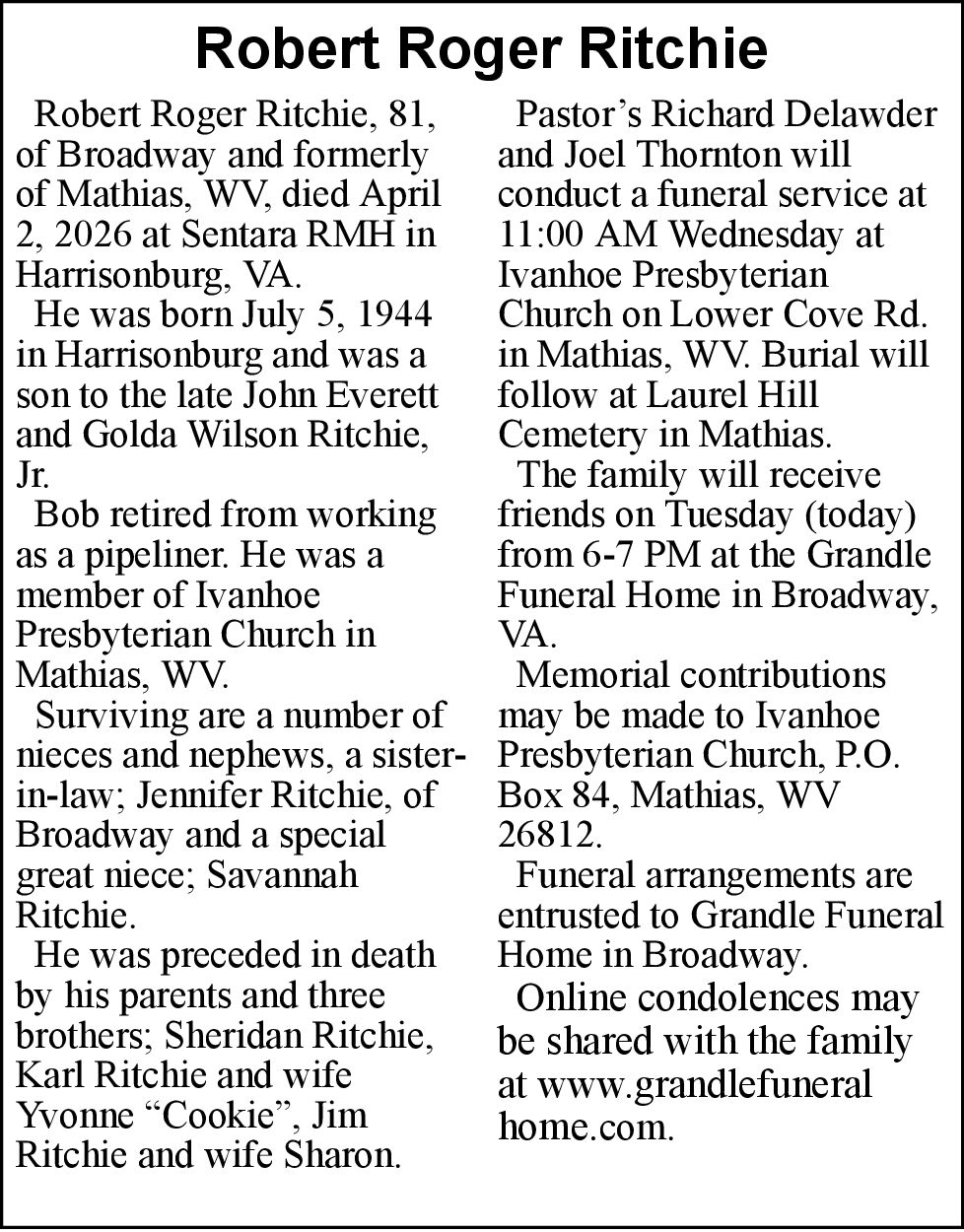 Robert Roger Ritchie | Obituaries | dnronline.com
