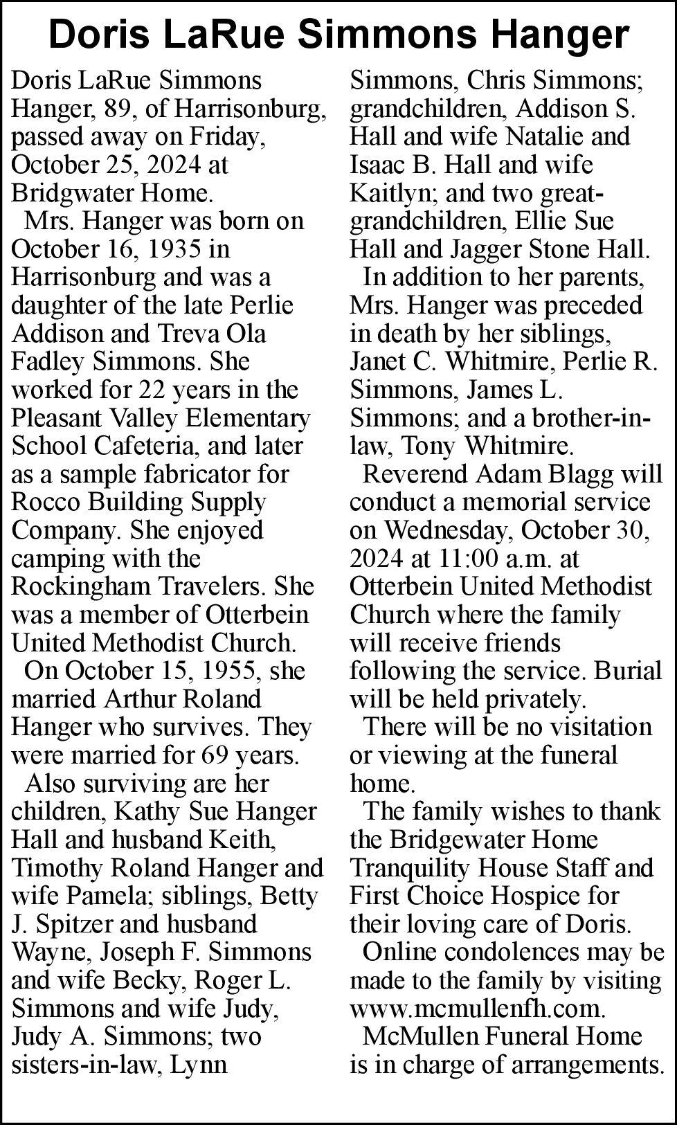 Doris LaRue Simmons Hanger | Obituaries | dnronline.com