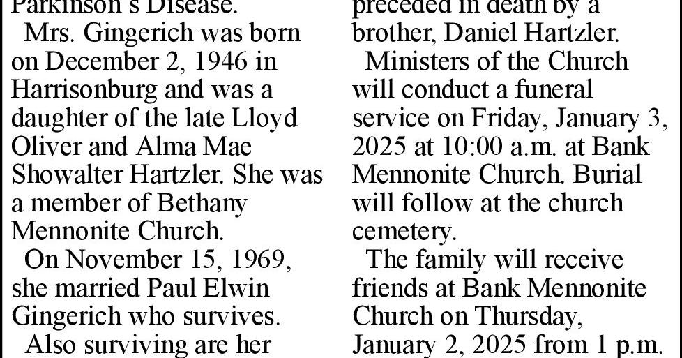 Esther Irene Hartzler Gingerich | Obituaries | dnronline.com
