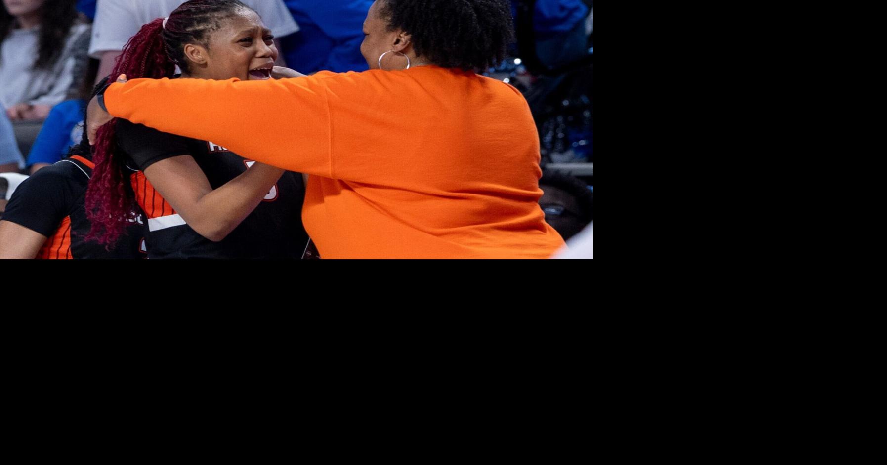 Hoover coach Krystle Johnson celebrates the win over Bob Jones with MVP Khloe Ford during the AHSAA Class 7A girls state championship at BJCC Legacy Arena in Birmingham, Ala., Saturday, March 7, 2026.