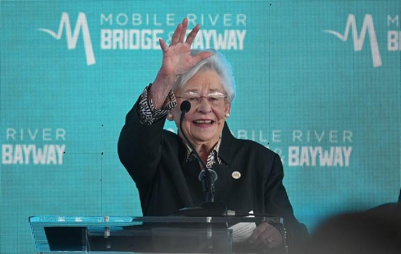 Alabama Gov. Kay Ivey at the I-10 Mobile River Bridge and Bayway groundbreaking on Friday, Oct. 2, 2026, at Cooper Riverside Park in downtown Mobile, Ala.
