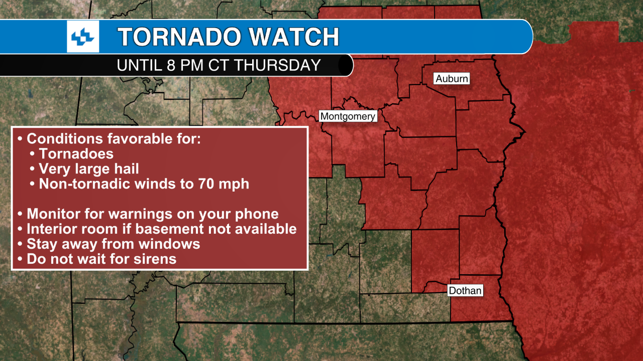 Tornado Watch until 8 p.m. Thursday for southeast Alabama