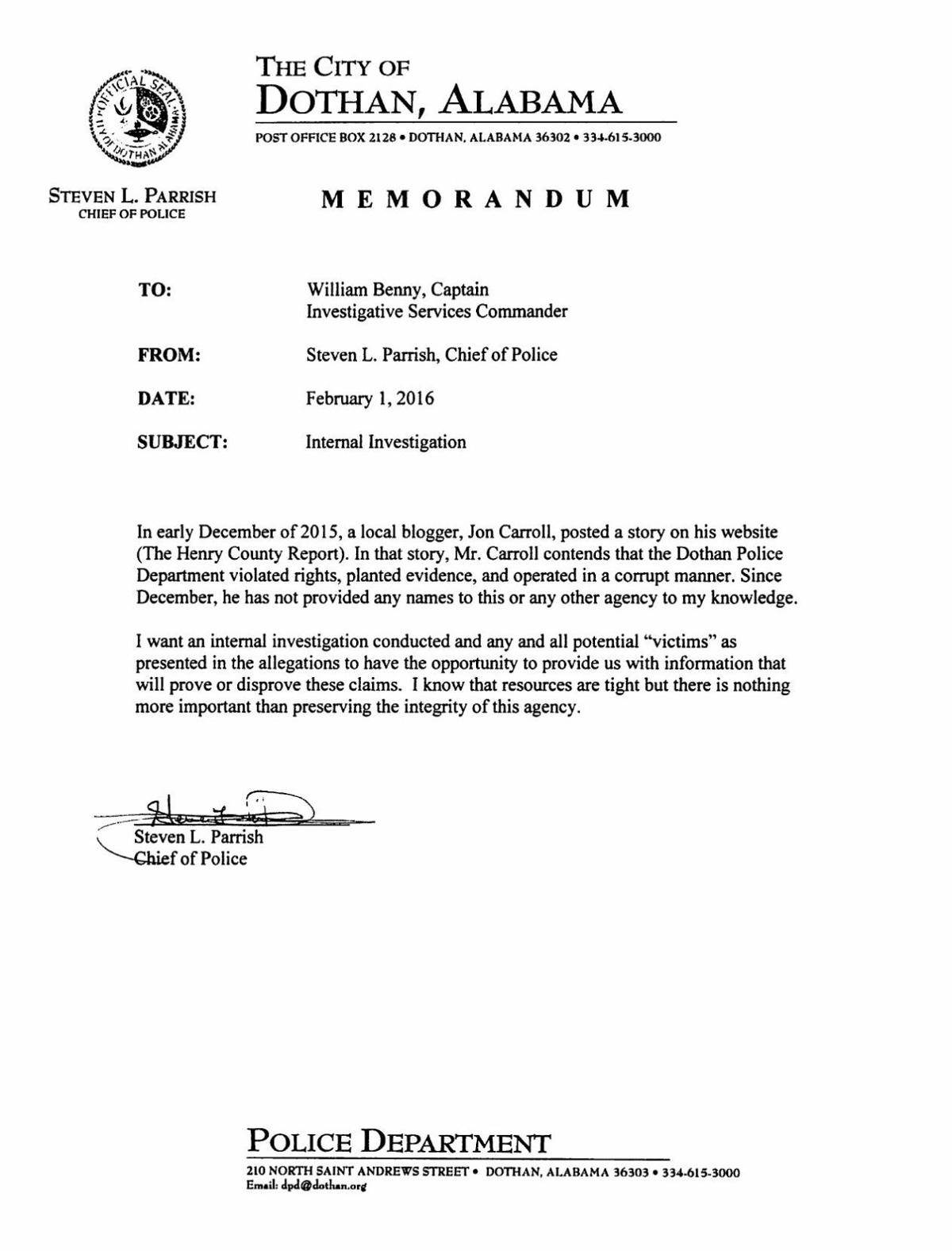 Internal Affairs letter