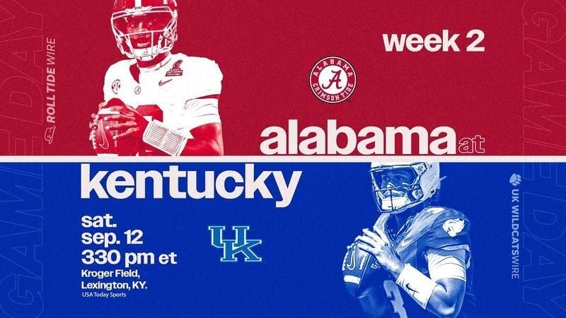 Alabama vs Kentucky Predictions graphic showcasing the Crimson Tide helmet and Wildcats logo in Bryant-Denny Stadium