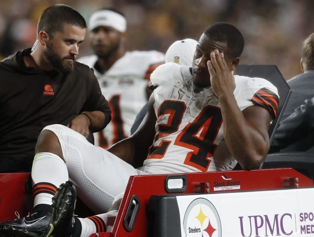 Cleveland Browns running back Nick Chubb (24) rushes during the second half  of an NFL football …