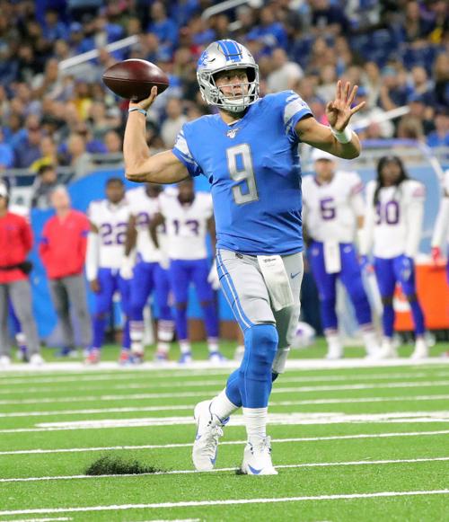 Detroit Lions quarterback Matthew Stafford looks to pass against the Buffalo Bills on August 23, 2019, at Ford Field in Detroit.