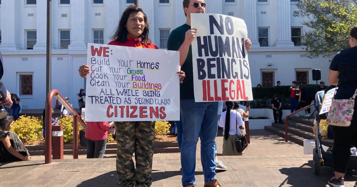 Protesters marched at the Alabama State House on Wednesday, March 19, 2025, speaking out against a slate of bills they say unfairly targets immigrants.
