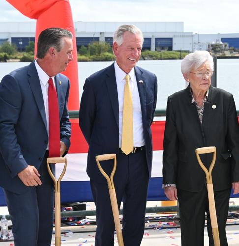 U.S. Rep. Barry Moore, U.S. Senator Tommy Tuberville and Alabama Gov. Kay Ivey at a groundbreaking ceremony on Friday, Oct. 2, 2026, for the I-10 Mobile River Bridge and Bayway project at Cooper Riverside Park in Mobile, Ala.