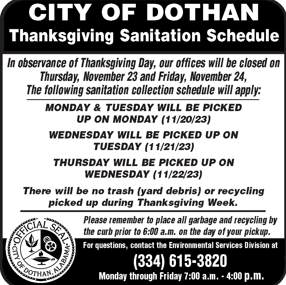 Dothan announces Thanksgiving sanitation schedule