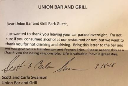 Union Bar and Grill letter