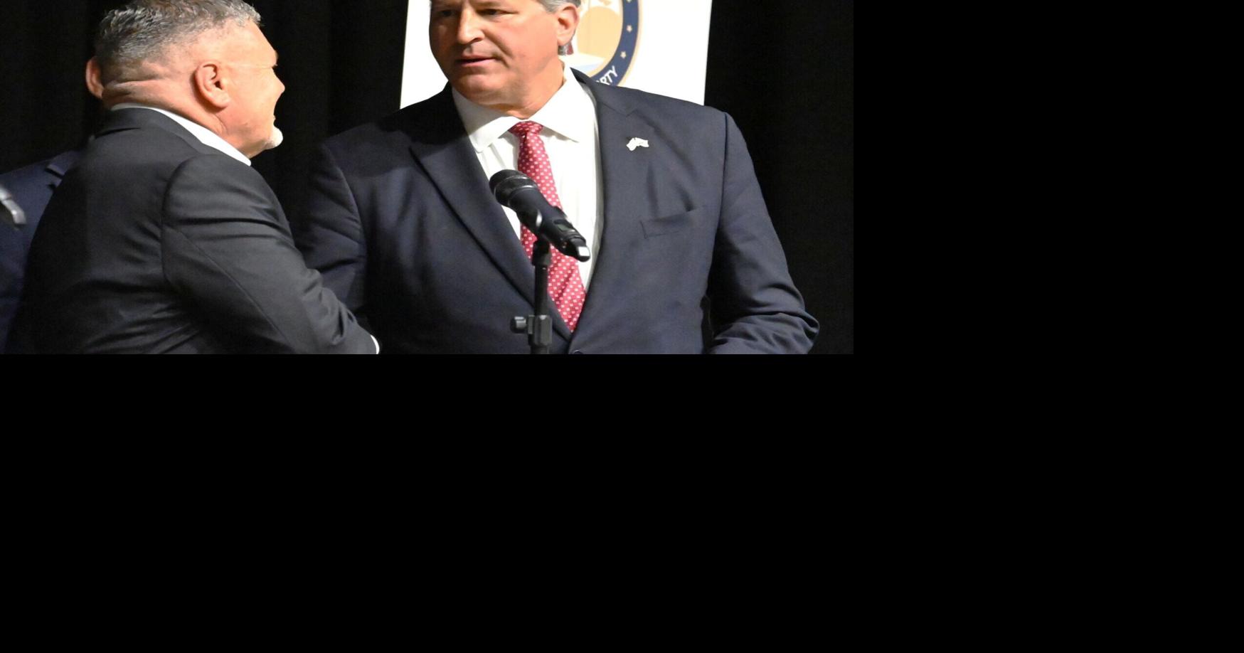 State Rep. Rhett Marques, R-Enterprise, speaks to James Dees following a 1st congressional district candidates forum hosted by the Baldwin County Republican Party on Wednesday, April 29, 2026, at the Daphne Civic Center in Daphne, Ala.