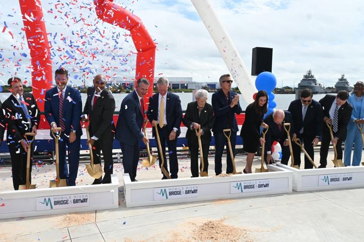 Politicians gather at Cooper Riverside Park on Friday, Oct. 2, 2026, to officially break ground on the $4.15 billion Interstate 10 Mobile River Bridge and Bayway Project. The project will be under construction for the next five years and will be highlig...