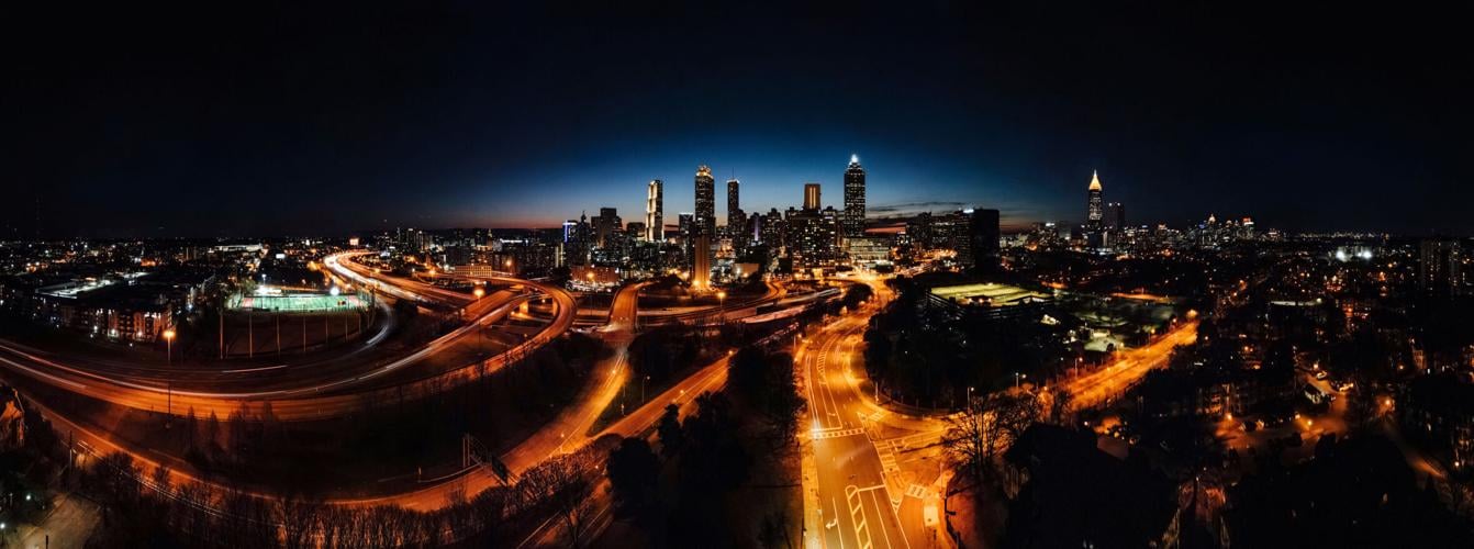panoramic view of highways and roads intersecting around downtown