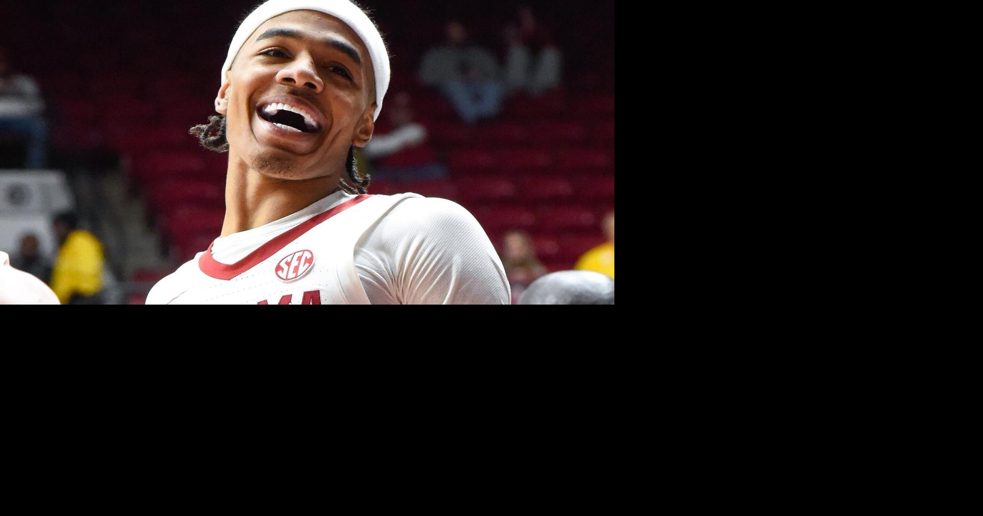 Labaron Philon Jr. smiles on the bench as the Alabama Crimson Tide men's basketball team hosts the Missouri Tigers in Coleman Coliseum in Tuscaloosa on Tuesday, Jan. 27, 2026.