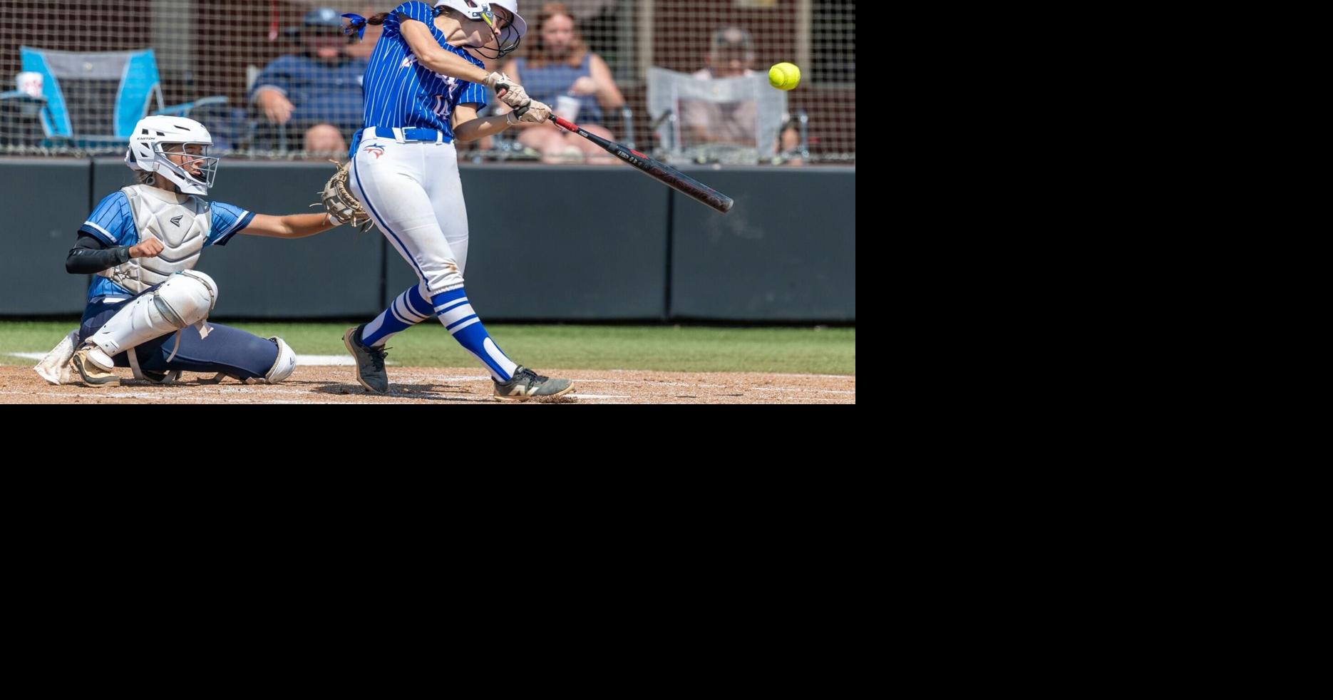 Orange Beach's Katie King strokes a single against Plainview during the AHSAA Class 4A softball state championship at Choccolocco Park in Oxford, Ala., Tuesday, May 19, 2026.