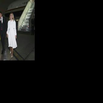 US Secretary of State Marco Rubio and his wife Jeanette Rubio arrive at a military base in Lima