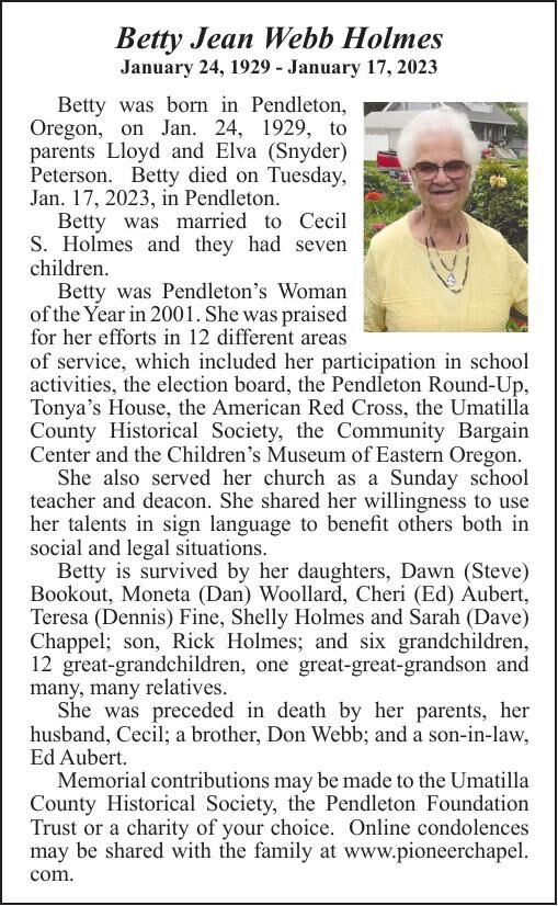 Obituary: Betty Jean Webb Holmes, January 24, 1929 - January 17, 2023 ...