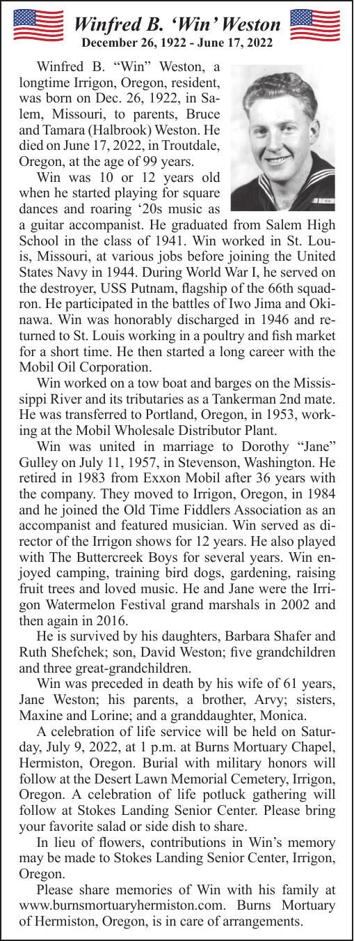 Obituary: Winfred B. ‘Win’ Weston, December 26, 1922 - June 17, 2022 ...