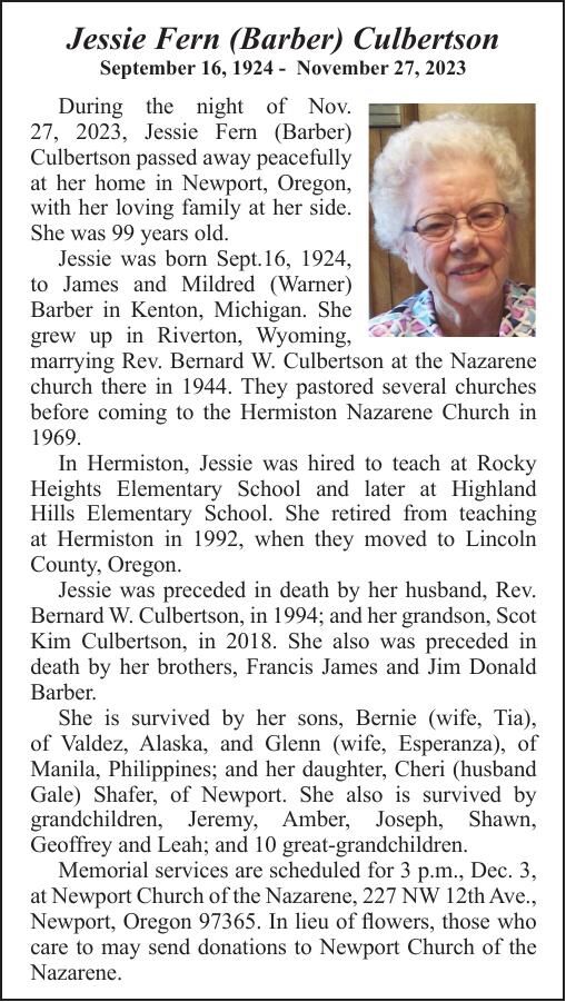 Obituary: Jessie Fern (barber) Culbertson, September 16, 1924 