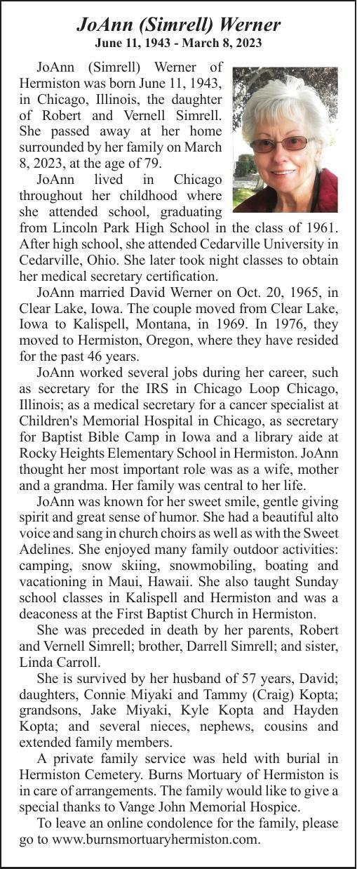 Obituary: JoAnn (Simrell) Werner, June 11, 1943 - March 8, 2023 ...