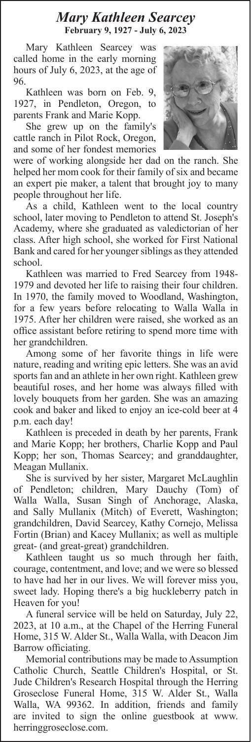 Obituary: Mary Kathleen Searcey, February 9, 1927 - July 6, 2023 ...