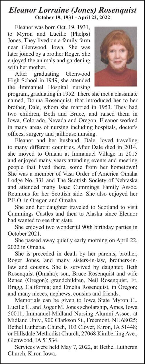 Obituary: Eleanor Lorraine (Jones) Rosenquist, October 19, 1931 - April ...