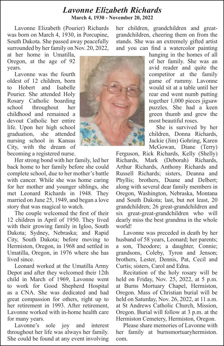 Obituary: Lavonne Elizabeth Richards, March 4, 1930 - November 20, 2022 ...