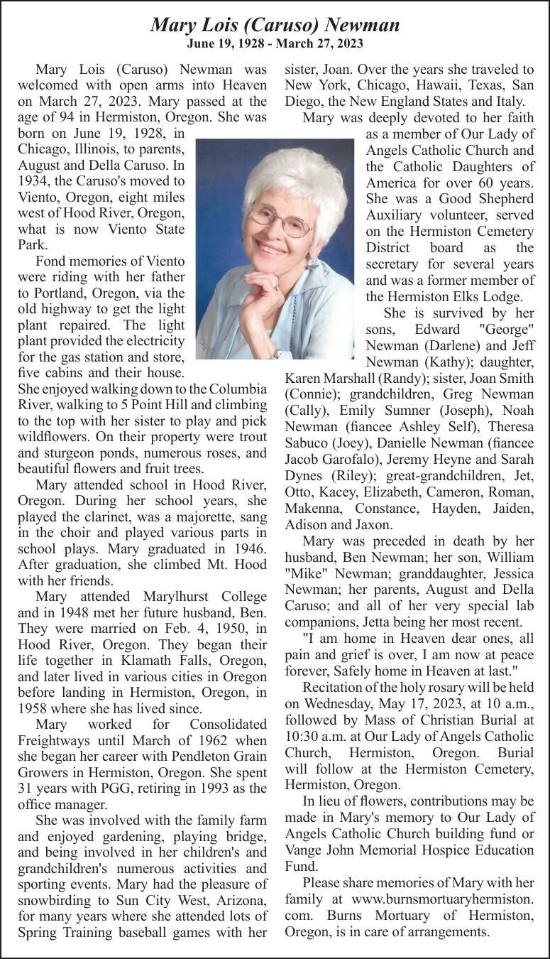 Obituary: Mary Lois (Caruso) Newman, June 19, 1928 - March 27, 2023 ...