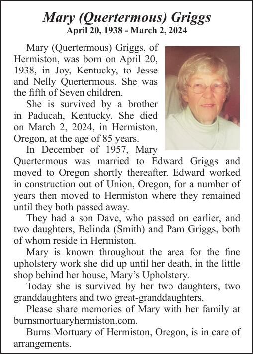 Obituary: Mary (Quertermous) Griggs, April 20, 1938 - March 2, 2024 ...