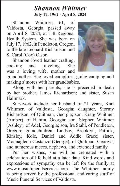 Obituary: Shannon Whitmer, July 17, 1962 - April 8, 2024 | Obituaries ...